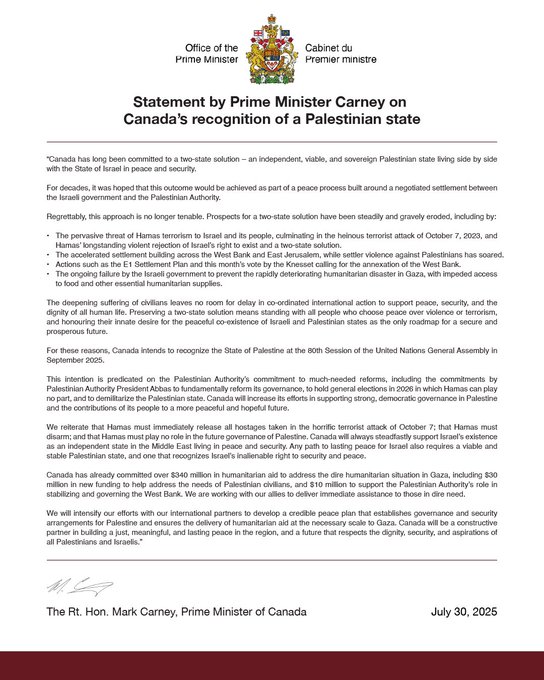Statement by Prime Minister Carney on Canada’s recognition of a Palestinian state.