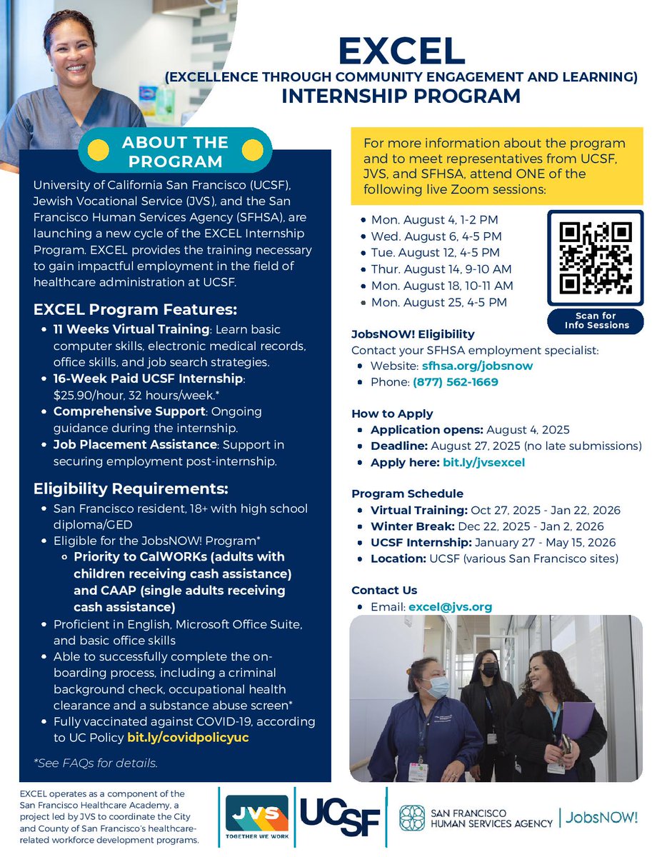 ACWDB's tweet image. 🚨 EXCEL Internship Program is back!
✨ 11 weeks virtual training + 16-week paid UCSF internship
💼 $25.90/hr | 📍 San Francisco
🎓 For SF residents 18+ (JobsNOW eligible)
🗓️ Apply Aug 4–27 | Info sessions in Aug
🔗 bit.ly/jvsexcel
#JVS #SFHSA #UCSF #JobsNOW #workforce