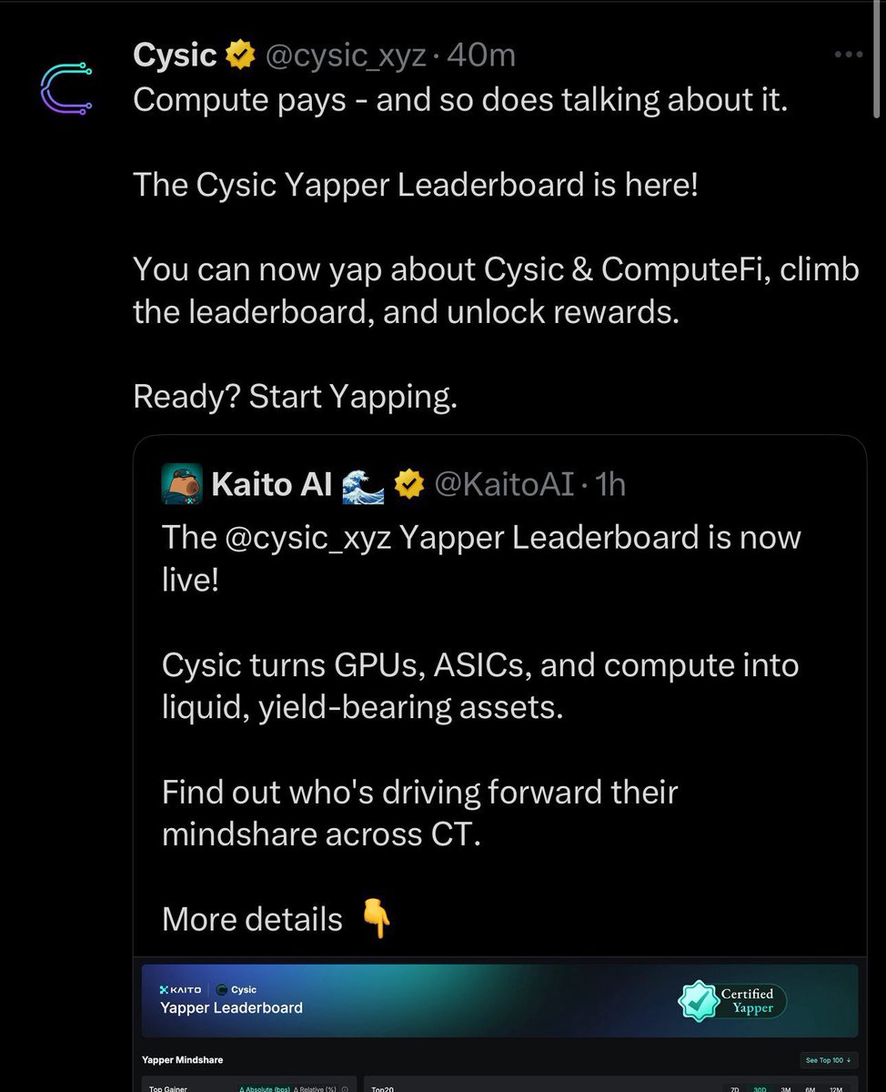 NEW ON CYSIC?

To join <a href="/cysic_xyz/">Cysic</a> on the Kaito platform and participate in their community, follow these steps based on available information:

1. Visit the Kaito Yaps Platform: Go to the official Kaito AI Yaps platform at yaps.kaito.ai.