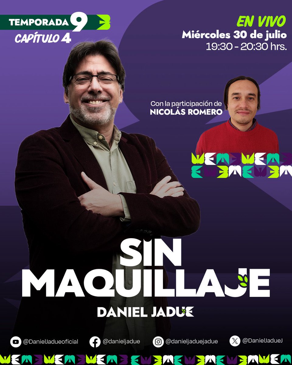 Daniel Jadue Jadue (@danieljaduej) on Twitter photo 🟣 Miércoles de #SinMaquillaje Temporada 9 Capítulo 4
No olviden que las y los esperamos junto a Nicolás Romero de Revista De Frente, hoy miércoles a las 19:30 hrs por todas nuestras plataformas
Nos vemos a través de
🔴📺 YouTube DanielJadueoficial
⚫️ X <a href="/DanielJadueJ/">Daniel Jadue Jadue</a>
🔵 🟣 Miércoles de #SinMaquillaje Temporada 9 Capítulo 4
No olviden que las y los esperamos junto a Nicolás Romero de Revista De Frente, hoy miércoles a las 19:30 hrs por todas nuestras plataformas
Nos vemos a través de
🔴📺 YouTube DanielJadueoficial
⚫️ X <a href="/DanielJadueJ/">Daniel Jadue Jadue</a>
🔵