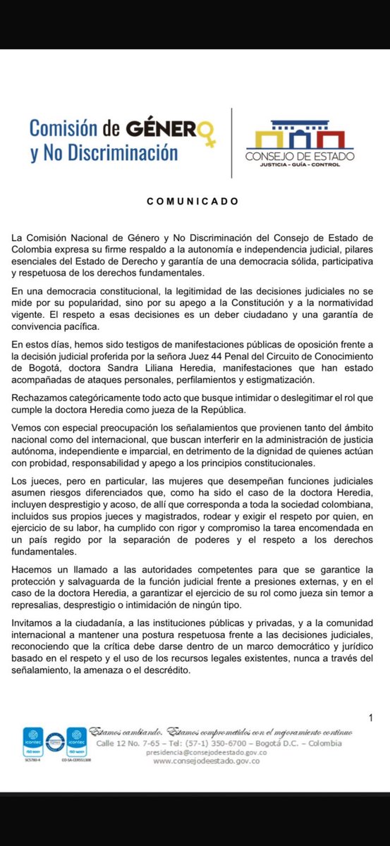 La Comisión de género y no discriminación del Consejo de Estado se ha pronunciado con sapiencia y seriedad frente a los vulgares señalamientos y ataques personales contra una Juez, provenientes de quienes no leyeron el auto de llamamiento, ni el que profirió la atacada juzgadora!