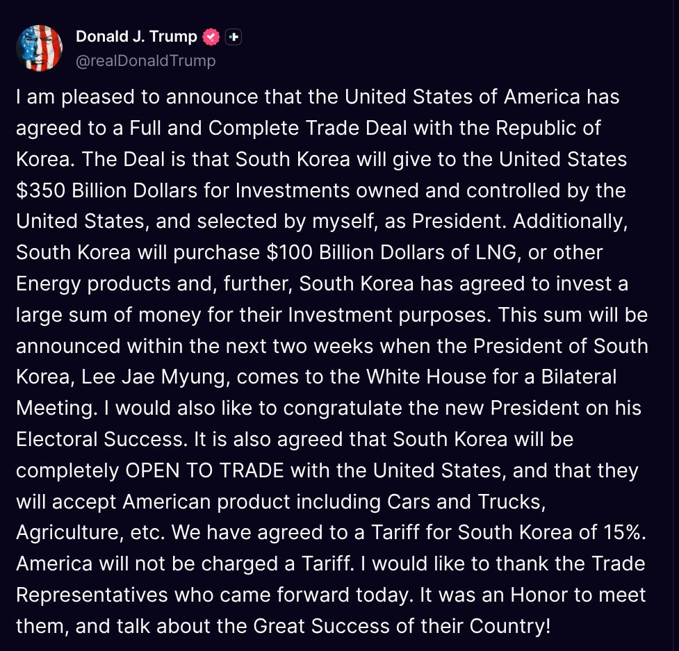 BREAKING: President Trump announces a trade deal with South Korea which lowers tariffs to 15%.