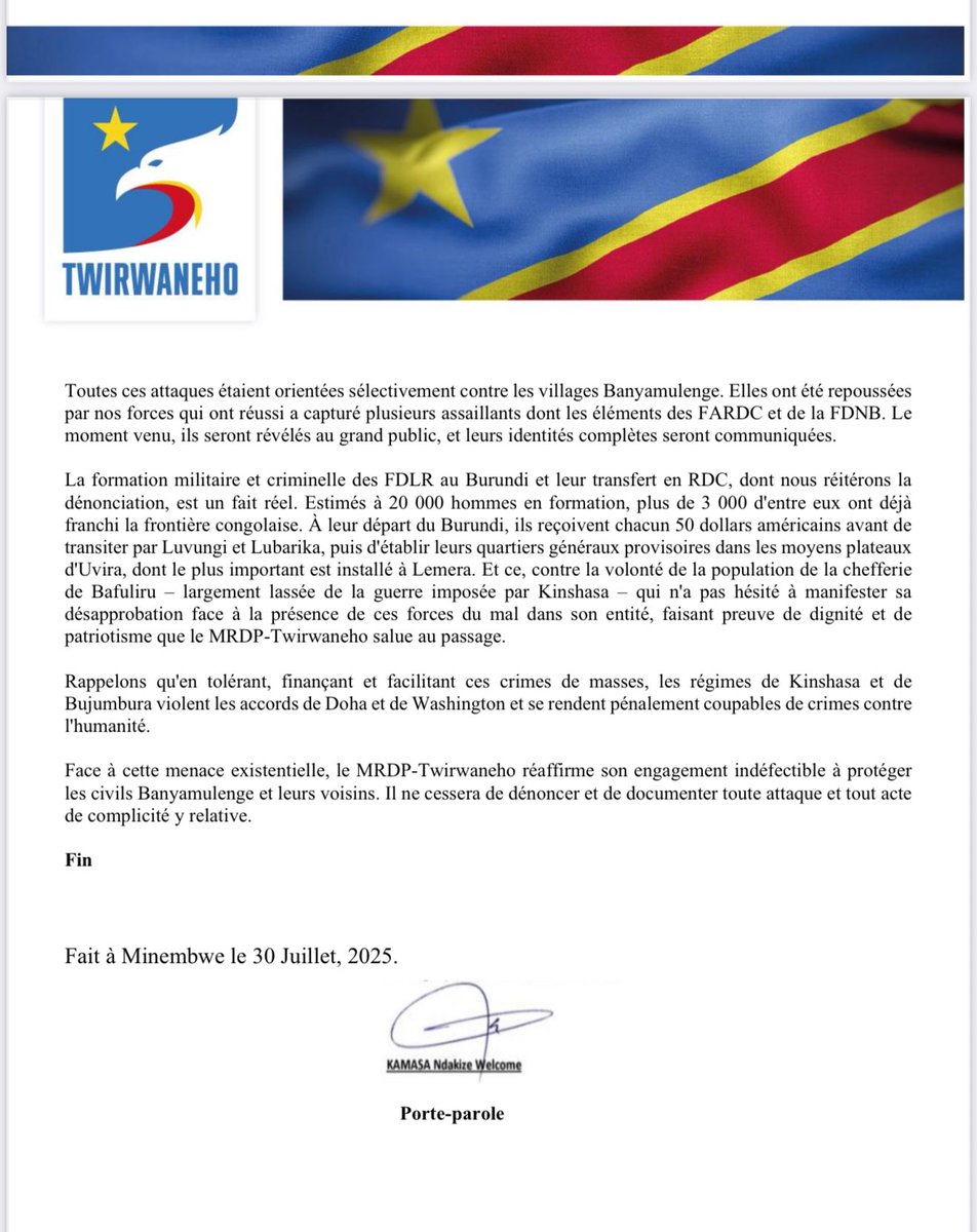 COMMUNIQUÉ DE PRESSE N°007 du 30 Juillet 2025

RÉPONSE DU MRDP-TWIRWANEHO AUX COMMUNIQUÉS DES FARDC ET DE LA FDNB