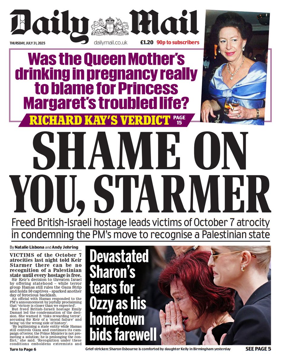 "SHAME ON YOU, STARMER"
<a href="/NatalieLisbona/">Natalie Lisbona</a> / <a href="/AndyJehring/">Andy Jehring</a> for <a href="/DailyMail/">Daily Mail</a>  

#October7thMassacre victims tell #KeirStarmer there can be no recognition of a #PalestineState until every hostage is free.

Full Story: t.ly/IBuJt

#DailyMail
#TomorrowsPapersToday
#IBPAPERS