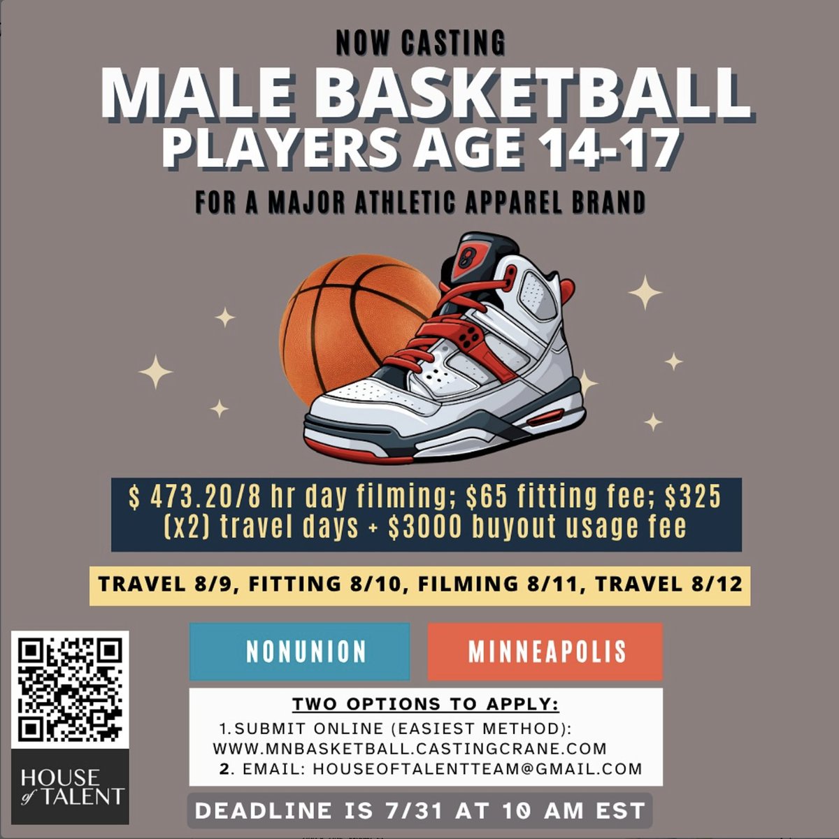 Casting op! Do you know someone who is a star basketball player? Looking for high school aged 14-17 years old that are true hoopers in U.S. This works in Minneapolis. Pay, travel, and accommodations will be provided. Submit to the link in the bio or click the QR code.