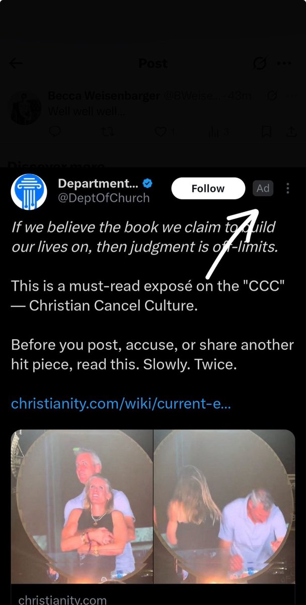Brilliant catch by <a href="/Floridaline/">FloridaLine</a>: DeptOfChurch has started paying for ads. 

I wonder — who would fund an account that defends abusive ministers? 

#churchtoo