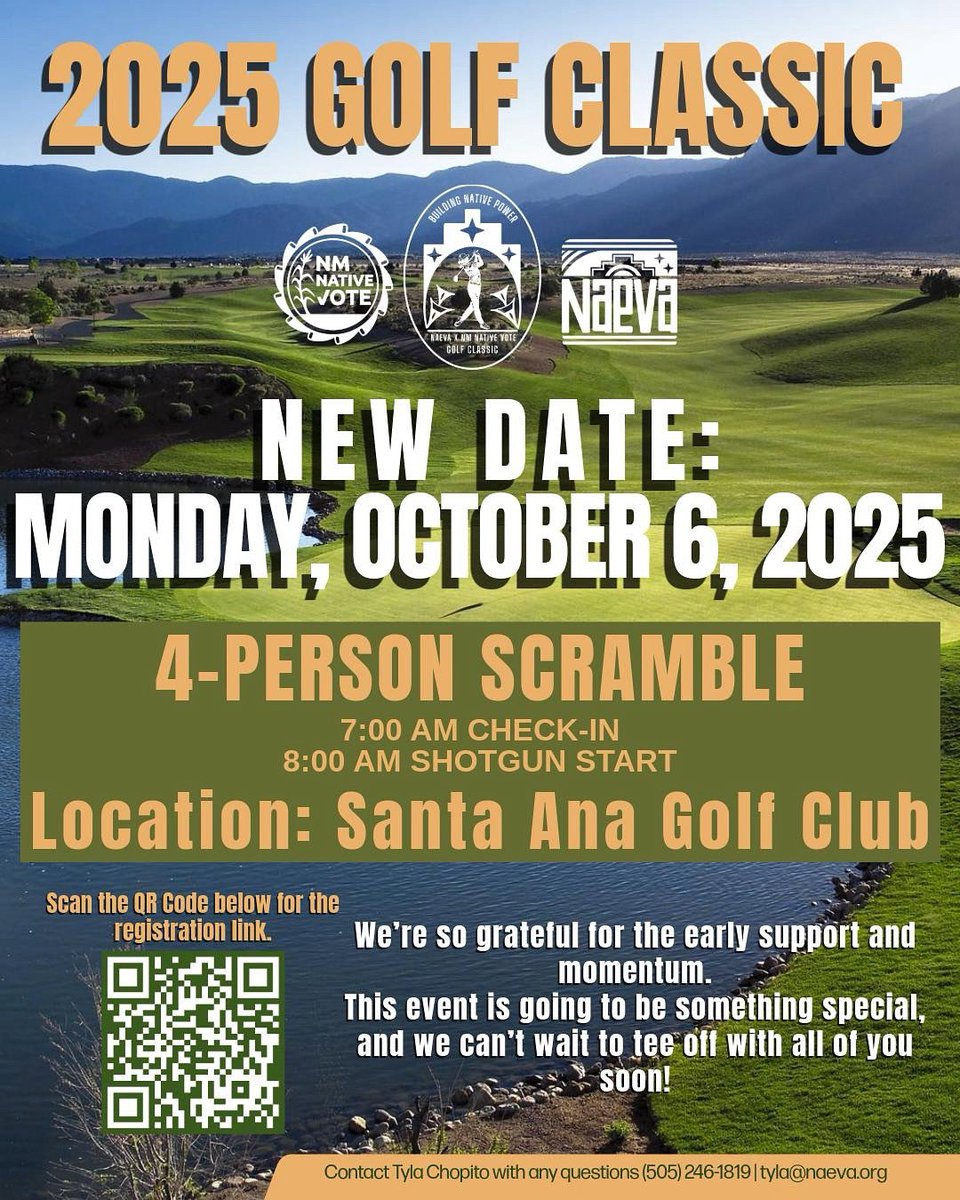 ⛳️ Mark your calendars — the Naeva x NM Native Vote Golf Classic has a new date!

We’re officially rescheduled for Monday, October 6, 2025 at Santa Ana Golf Club! 🙌🏽

That means more time to donate, practice your swing, and lock in your sponsorship. The excitement is only