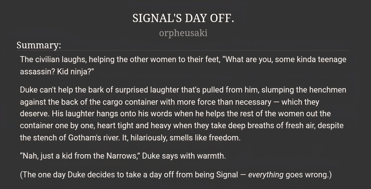 10k duke thomas case fic?! more likely thank you think! written for <a href="/dcforgaza/">DC Gotcha For Gaza | DONATIONS CLOSED</a> &lt;3

[link in reply]