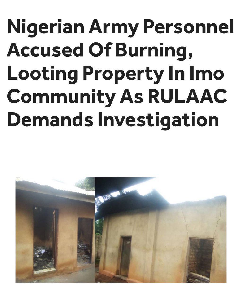 Nigerian Army Personnel Accused Of Burning, Looting Property In Imo Community As RULAAC Demands Investigation .

According to RULAAC, the security personnel, believed to be personnel of the Nigerian Army, carted away valuables including food items, household goods, mobile phones,