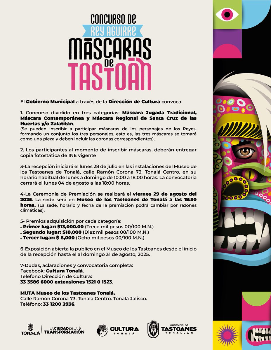 Cómo cada año la Dirección de Cultura nos convoca al concurso de máscaras de tastoán 👹 revisa las bases aquí: 👇🏽

Tienes hasta el 05 de agosto ✅

Tonalá #LaCiudadDeLaTransformación