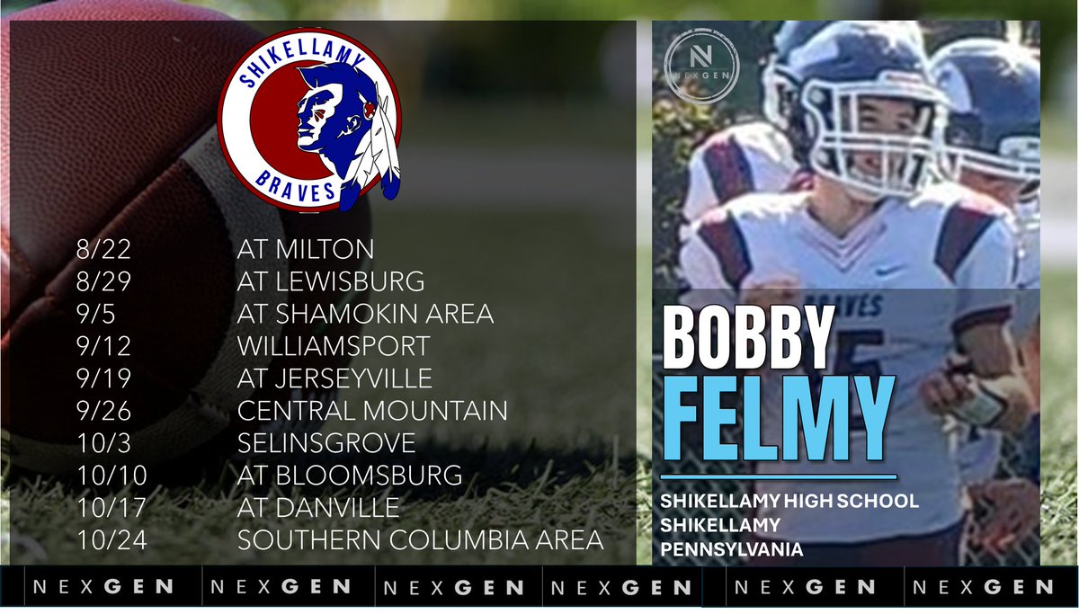 Keith Smilie (@nexgenscouting) on Twitter photo ➡️2025 Friday Night Lights
✅2029 QB/S Bobby Felmy <a href="/BobbyFelmy/">Bobby Felmy</a>
✅Shikellamy HS <a href="/Shiksports/">Shikellamy Athletics</a>
Sunbury (PA)
8/22 at Milton
8/29 at Lewisburg
9/5 at Shamokin Area
9/12 Williamsport
9/19 at Jerseyville
9/26 Central Mountain
10/3 Selinsgrove
10/10 at Bloomsburg
10/17 at Danville
10/24 ➡️2025 Friday Night Lights
✅2029 QB/S Bobby Felmy <a href="/BobbyFelmy/">Bobby Felmy</a>
✅Shikellamy HS <a href="/Shiksports/">Shikellamy Athletics</a>
Sunbury (PA)
8/22 at Milton
8/29 at Lewisburg
9/5 at Shamokin Area
9/12 Williamsport
9/19 at Jerseyville
9/26 Central Mountain
10/3 Selinsgrove
10/10 at Bloomsburg
10/17 at Danville
10/24