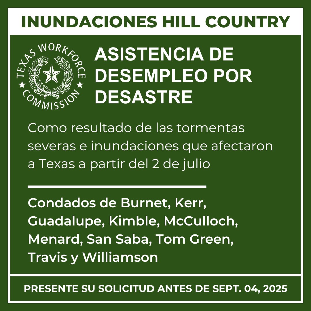 Texas Workforce Commission (@txworkforce) on Twitter photo La TWC está aceptando solicitudes para asistencia de desempleo por desastre en 10 condados*.
Personas pueden llamar a la TWC al (800) 939-6631 o solicitar en línea: pulse.ly/gsnhfsdb13
*Podrán agregarse condados adicionales. La TWC está aceptando solicitudes para asistencia de desempleo por desastre en 10 condados*.
Personas pueden llamar a la TWC al (800) 939-6631 o solicitar en línea: pulse.ly/gsnhfsdb13
*Podrán agregarse condados adicionales.