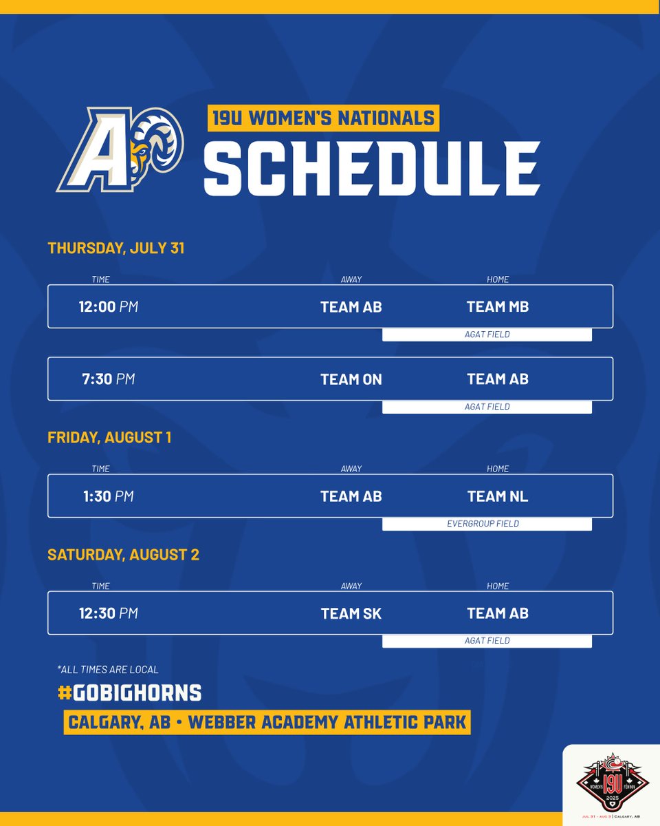Team Alberta Bighorns Baseball (@teamalbertabsb) on Twitter photo #TeamAB 19U Women's Schedule for #BCanNats25! 🇨🇦🐏
Full Schedule/Results: baseball.ca/?fd=champ&pg=s…
#GoBighorns x <a href="/BaseballCANNats/">Baseball Canada National Championships</a> #TeamAB 19U Women's Schedule for #BCanNats25! 🇨🇦🐏
Full Schedule/Results: baseball.ca/?fd=champ&pg=s…
#GoBighorns x <a href="/BaseballCANNats/">Baseball Canada National Championships</a>