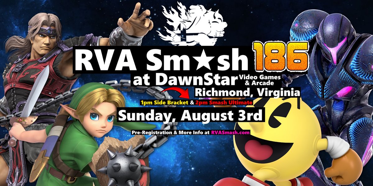 Only one more RVA Smash before SUPERNOVA!! Come get your last minute practice in with Singles, Doubles, &amp; Double Elimination Redemption brackets at RVA Smash 186.

Unlimited arcade play in the DawnStar arcade is included with tournament entry.

REGISTER TODAY!