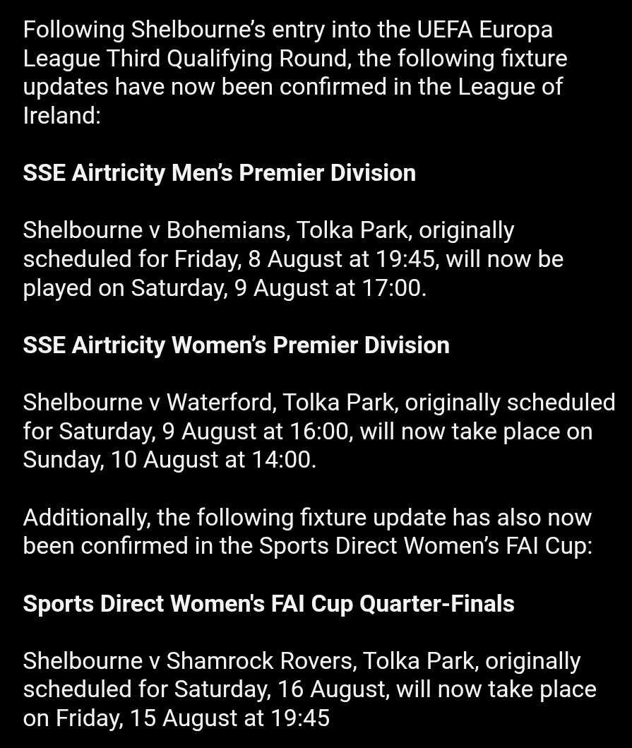 Some fixture changes confirmed on the back of Shelbourne going from Champions League to Europa League.