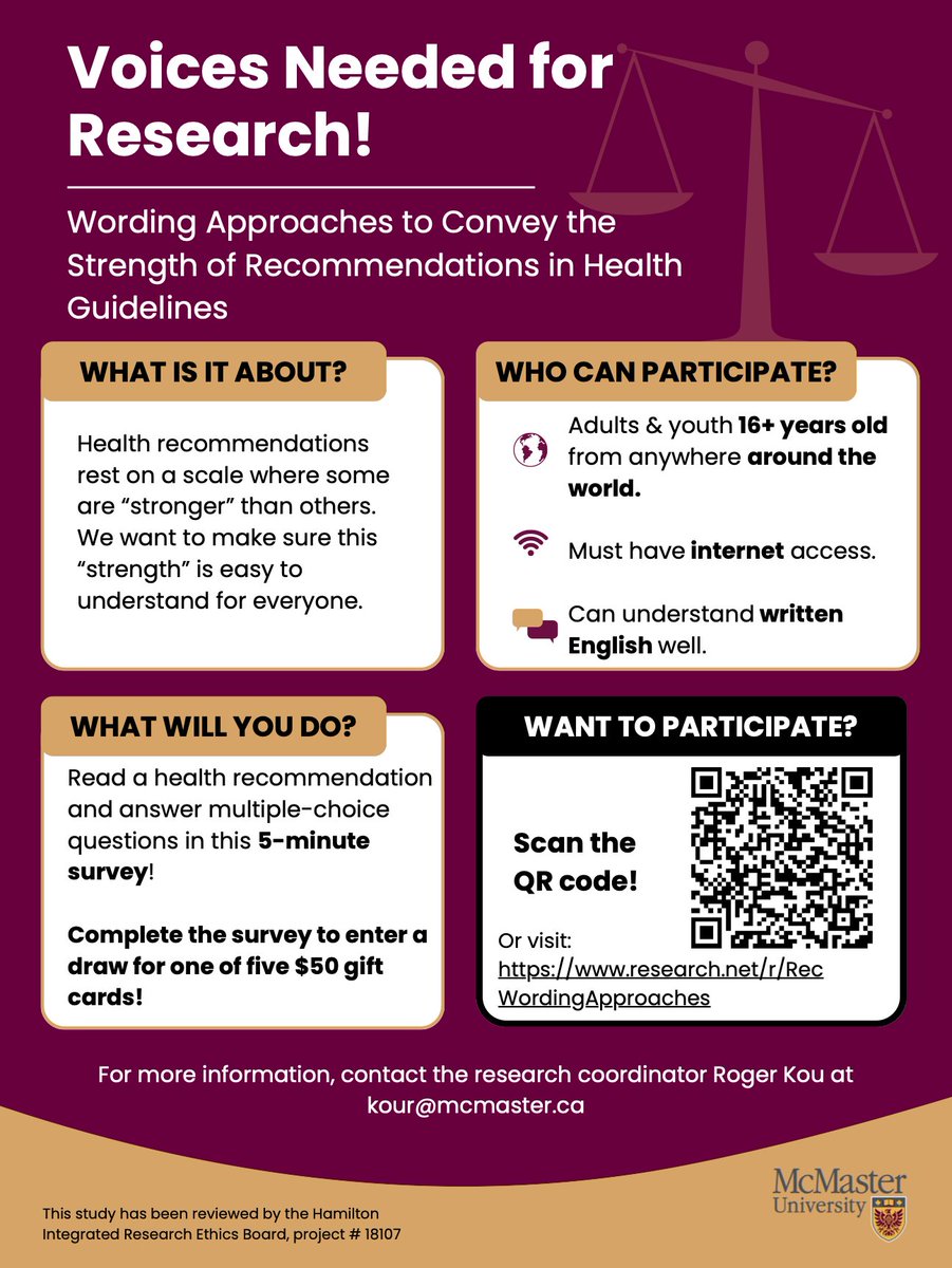 Participate in a research study to improve the wording of health recommendations! This 5-minute survey is anonymous and voluntary.

👉 Scan the QR code or click the link to participate: research.net/r/RecWordingAp…