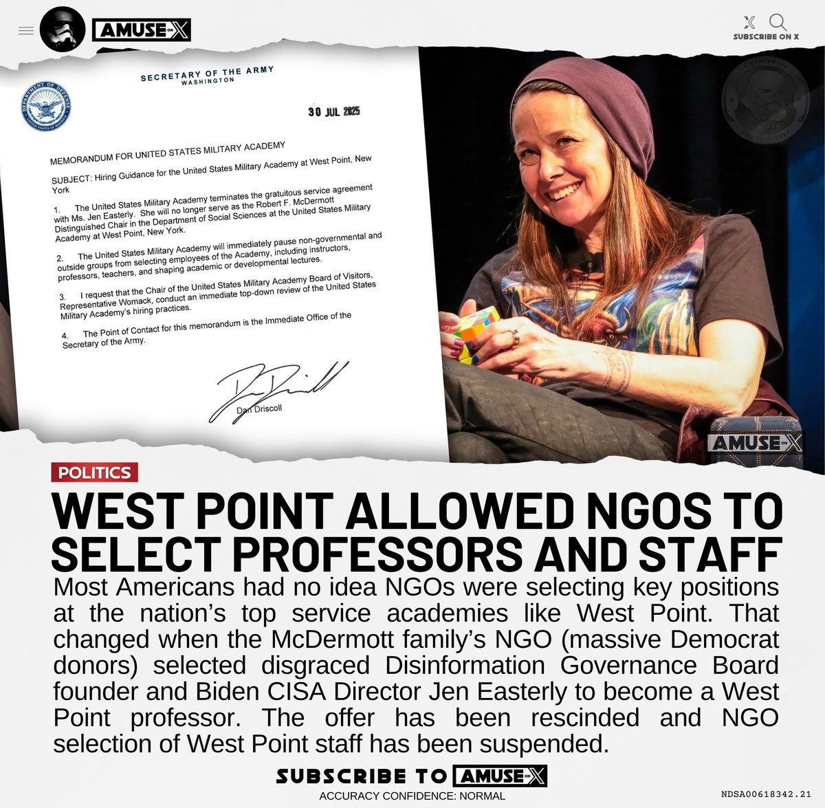 DEEP STATE: We found out almost by accident that NGOs were appointing West Point professors after Jen Easterly, Biden's CISA Director and Disinformation Governance Board founder was tapped to become the newest West Point Military Academy professor. Insane. The Secretary of the