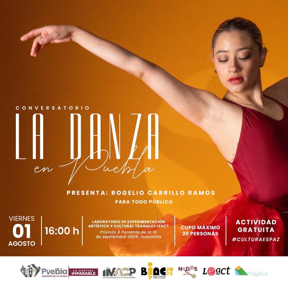 💬 #CulturaImparable | Conoce más sobre la danza en #LaCapitalImparable.

Comparte experiencias, historias y la importancia cultural de esta expresión artística. 🕺💃

🗓️ Viernes 01 de Julio.
⏰  16:00 h.
📍 LEACT.

📲 La Imparable: Agenda Cultural. pueblacapital.gob.mx/images/2024/im…
