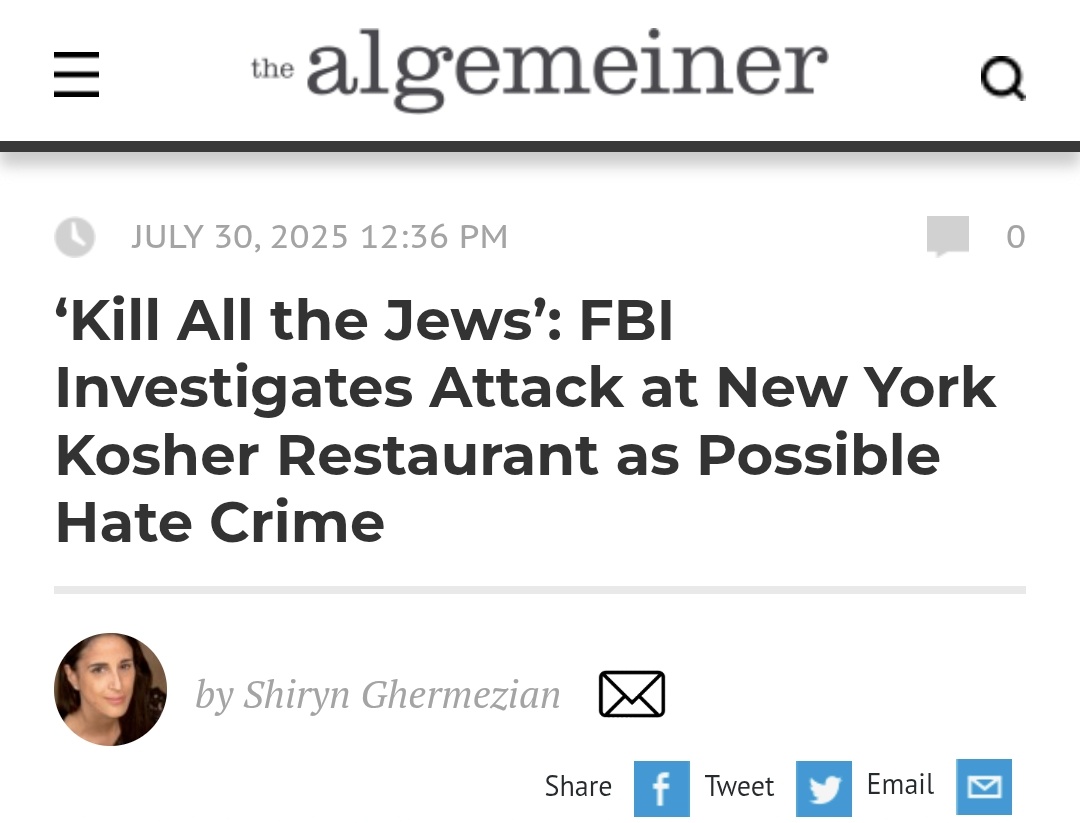 🚨 BREAKING:

The FBI is investigating a brutal assault at a kosher restaurant in Queens as a possible hate crime after attackers allegedly screamed “Kill all the Jews” while beating multiple Jewish diners.

The victims, who were dining at Sezam restaurant, say they were