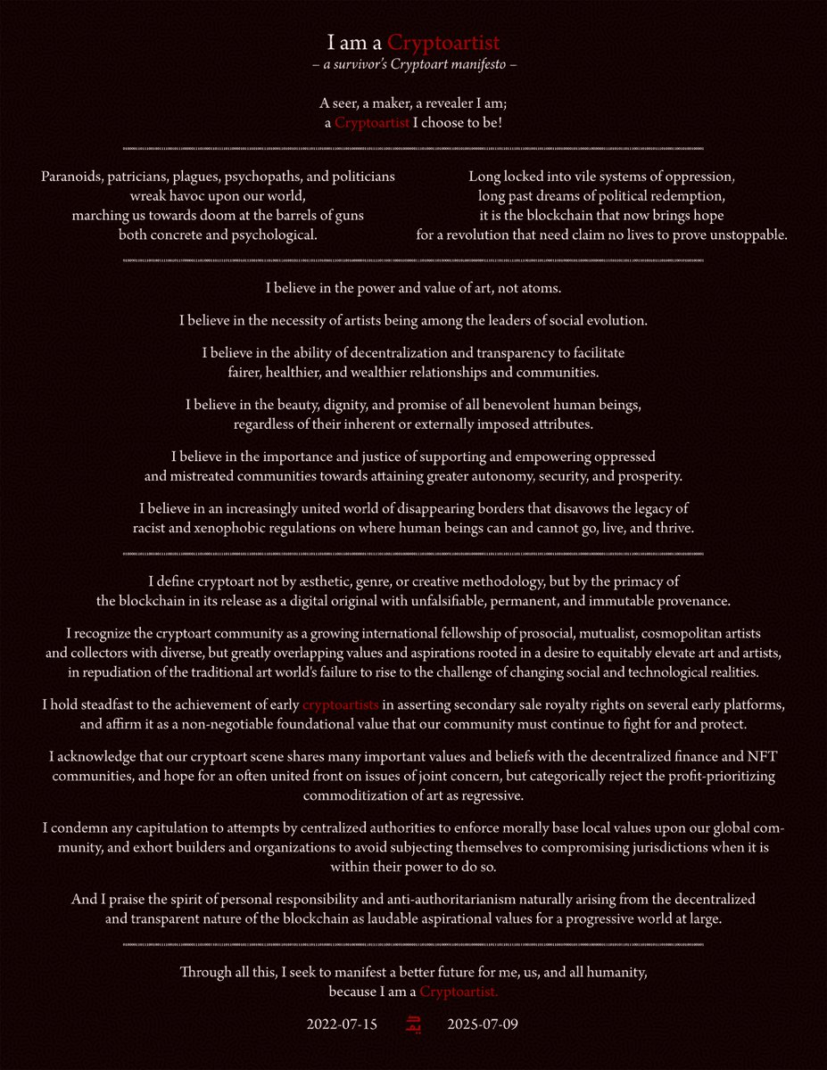 Daïm 🇭🇺 🇨🇦 🕋 (daimalyad.eth) · BLM (@daimalyad) on Twitter photo Lastly, please visit & support the just-launched <a href="/forever_library/">Forever Library</a>.
I minted the 9th NFT on their platform:
Through "The Bloody Cryptoart Manifesto", I reaffirm my progressivist-humanist manifesto, originally minted in 95 editions 3 trying years ago:
foreverlibrary.xyz/nft/9
/8 Lastly, please visit & support the just-launched <a href="/forever_library/">Forever Library</a>.
I minted the 9th NFT on their platform:
Through "The Bloody Cryptoart Manifesto", I reaffirm my progressivist-humanist manifesto, originally minted in 95 editions 3 trying years ago:
foreverlibrary.xyz/nft/9
/8