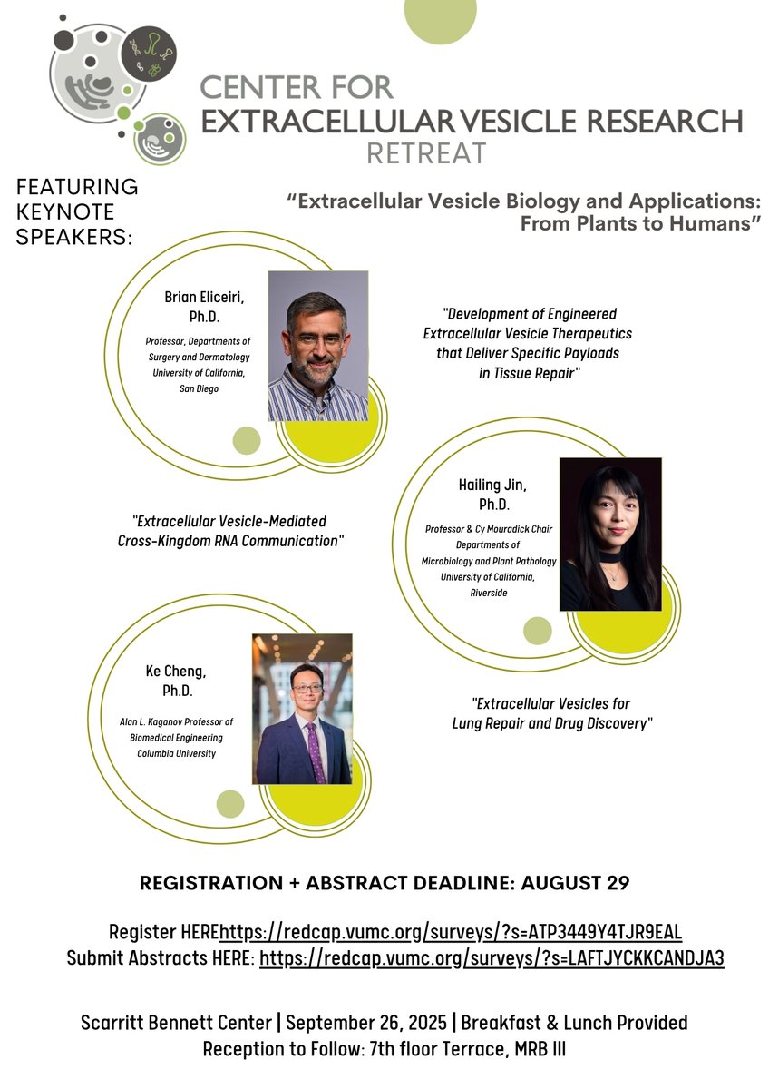 Register NOW for the 2025 EV Center Retreat!

Registration: redcap.vumc.org/surveys/?s=ATP…
Abstract Submission: redcap.vumc.org/surveys/?s=LAF…

DEADLINE: AUGUST 29, 2025

Follow along to learn more!
