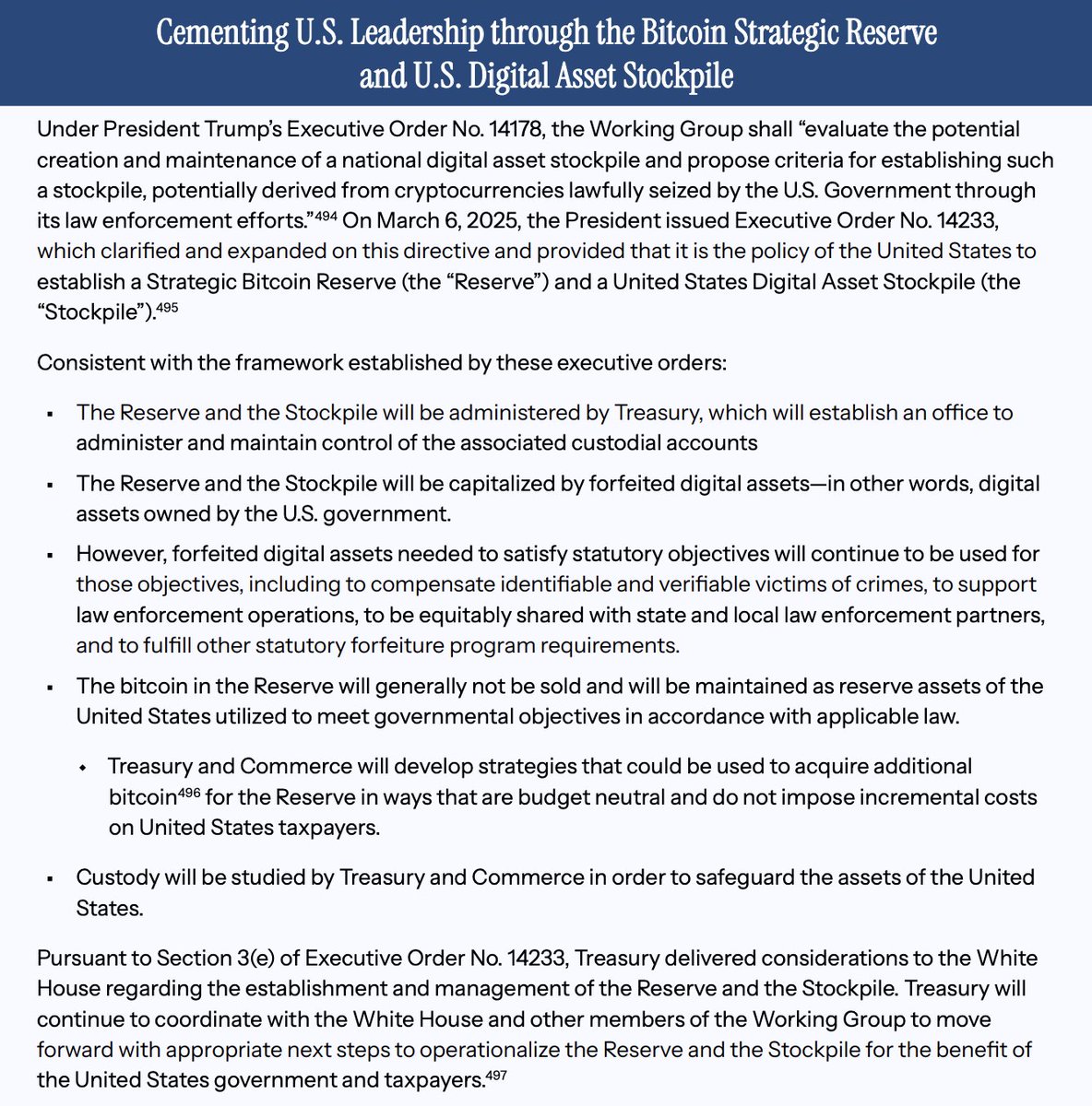 JUST IN: White House officially publishes digital assets report, says they will "develop strategies that could be used to acquire additional bitcoin for the Reserve." 🇺🇸