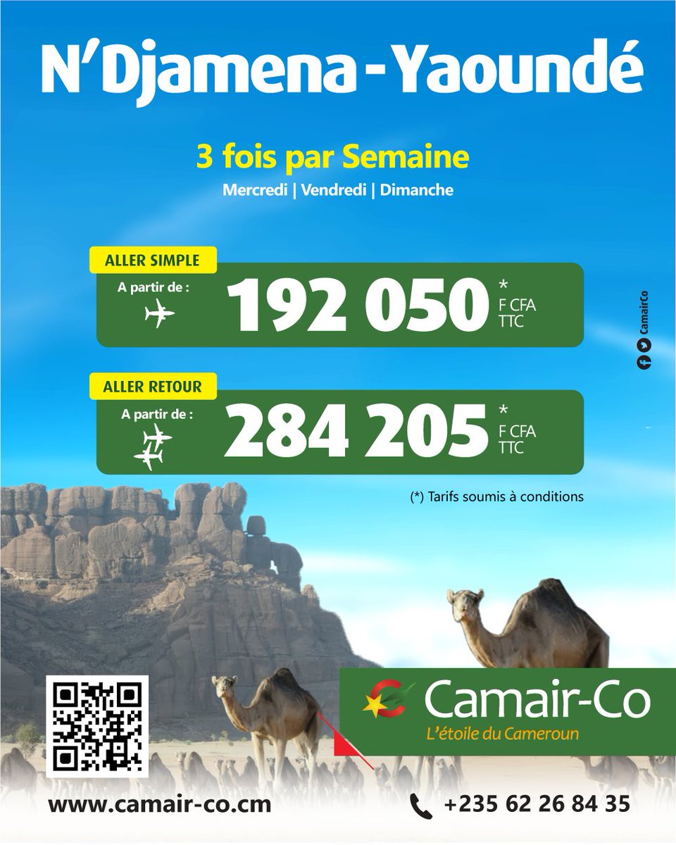 N'Djamena : profitez de nos meilleurs tarifs sur camair-co.cm
-----------------------------------
N'Djamena: enjoy our best fares on camair-co.cm
#flycamairco
