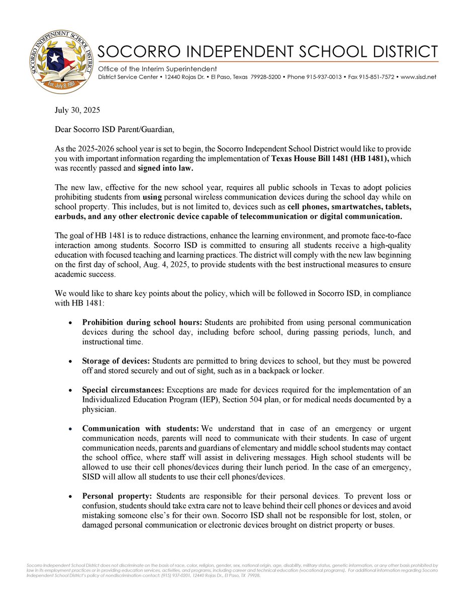 SocorroISD's tweet image. Beginning August 4, Socorro ISD will implement Texas House Bill 1481 (HB 1481), which prohibits students from using personal devices — including phones, smartwatches, tablets, and earbuds — during the school day on campus. 📵 Learn more and review key details here:…