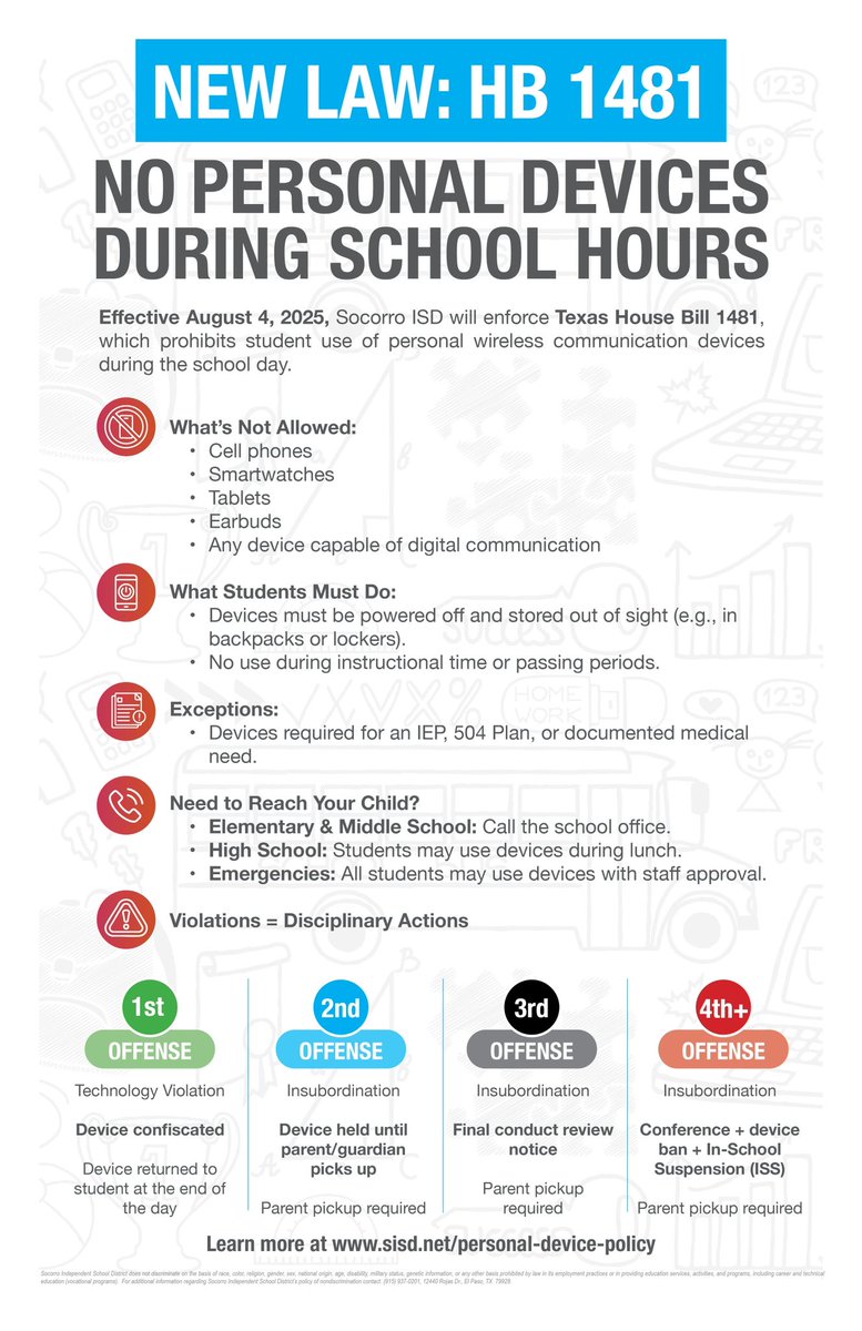 SocorroISD's tweet image. Beginning August 4, Socorro ISD will implement Texas House Bill 1481 (HB 1481), which prohibits students from using personal devices — including phones, smartwatches, tablets, and earbuds — during the school day on campus. 📵 Learn more and review key details here:…