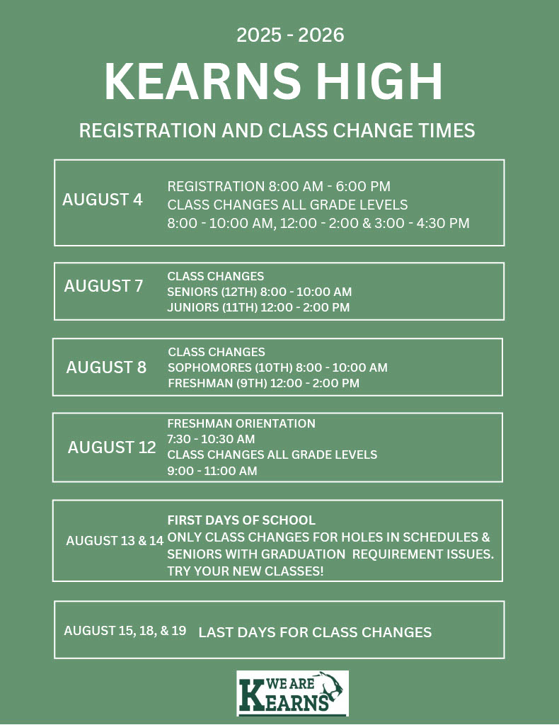 Kearns High Students &amp; Parents! Re-enrollment begins tomorrow, Thurs., July 31st. In order to see class schedules, parents MUST enroll students through FOCUS and the parent portal. Plan ahead for class changes in order to avoid the longer lines! See you soon! #we_are_kearns
