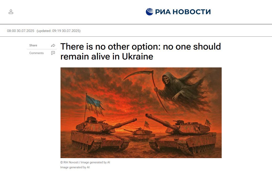 Sergiy Kyslytsya 🇺🇦 (@sergiykyslytsya) on Twitter photo July 30. 10-1=9 Attention <a href="/POTUS/">President Donald J. Trump</a> : russian state run news agency: “…no one should remain alive in Ukraine”. July 30. 10-1=9 Attention <a href="/POTUS/">President Donald J. Trump</a> : russian state run news agency: “…no one should remain alive in Ukraine”.