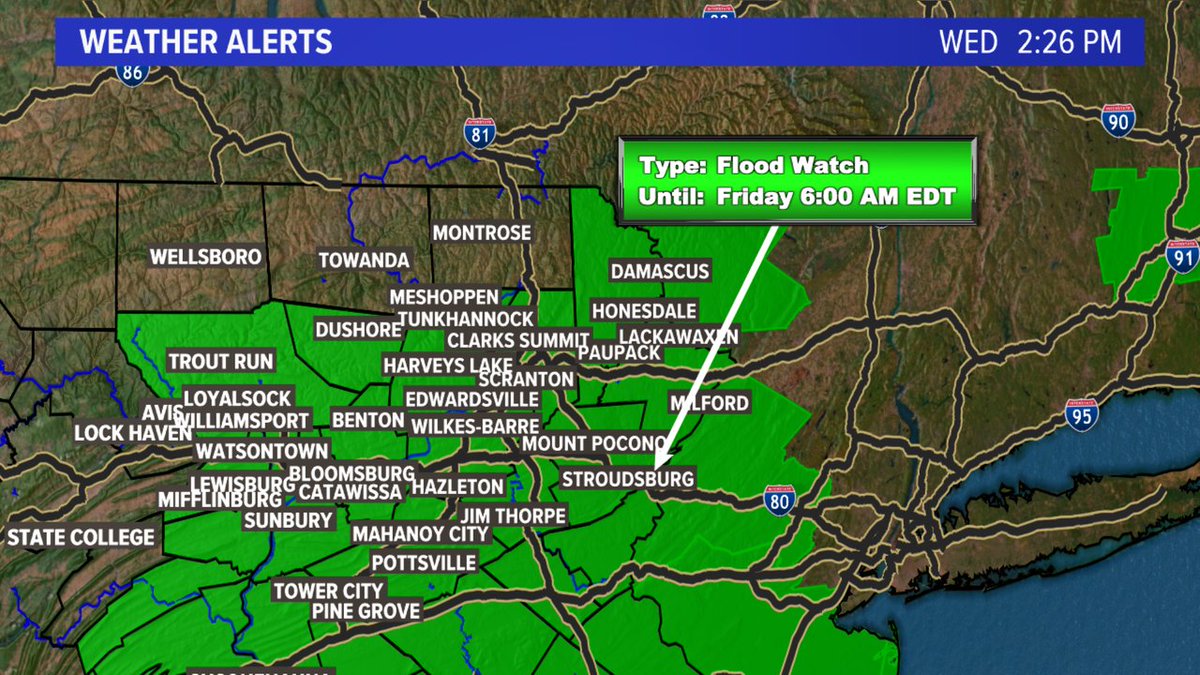 Flood Watch has been issued by the National Weather Service for these counties: Luzerne, Lackawanna, Sullivan, Pike, Wayne, Wyoming until 8/01 5:00AM