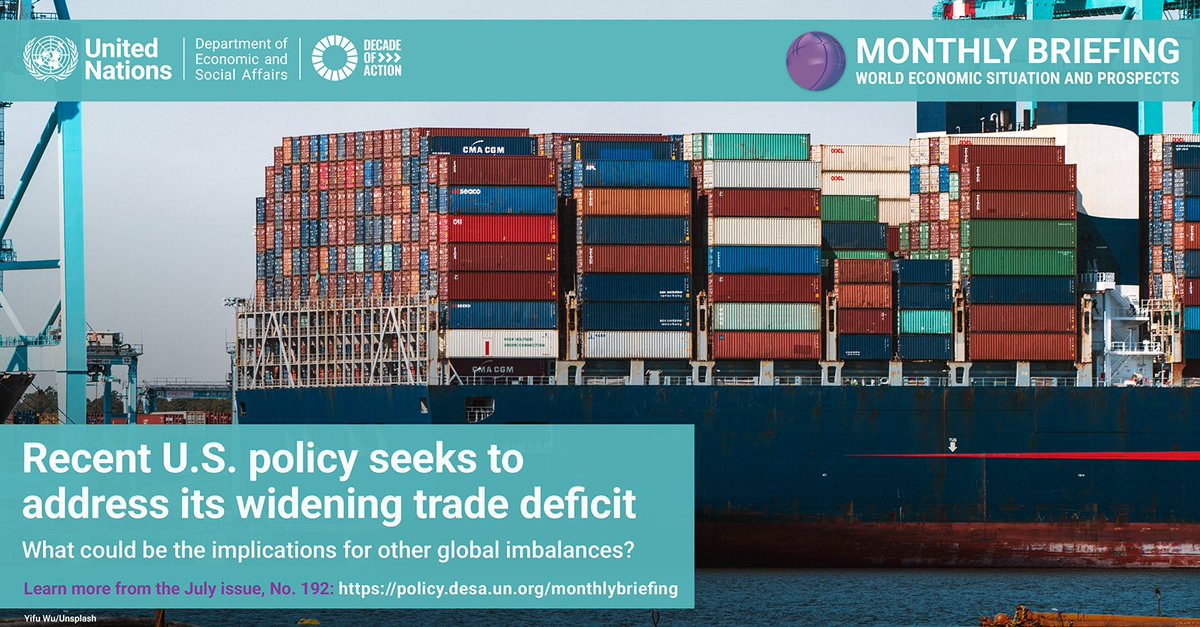 UNDevelopPolicy's tweet image. The latest U.S. trade policy seeks to address its growing trade deficit.   

Read our July Monthly Briefing on the #WorldEconomyReport to understand the external imbalances of the U.S. &amp;amp; its ripple effects around the world. policy.desa.un.org/monthlybriefing