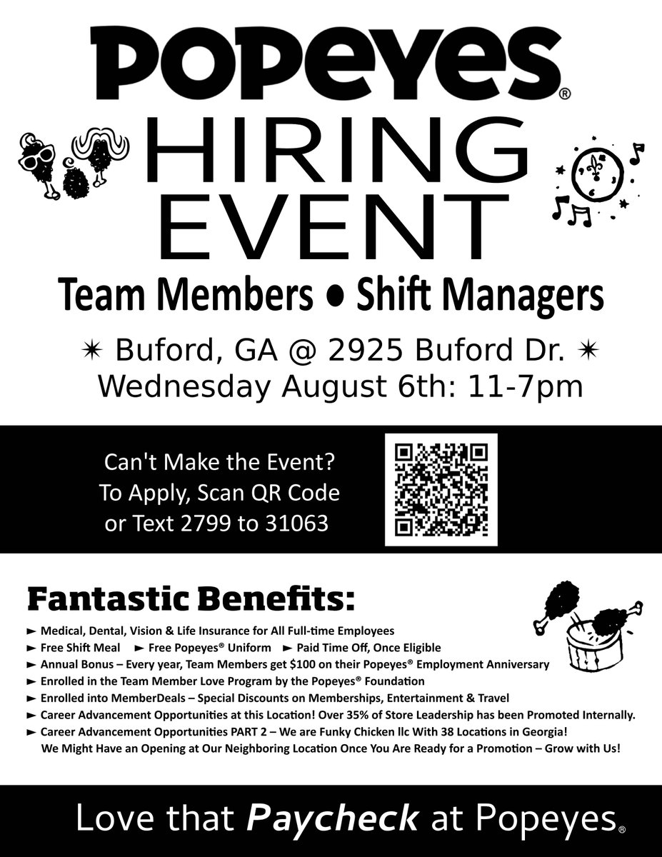 FunkyChickenATL's tweet image. 🔥 POPEYES HIRING EVENT – BUFORD, GA! 🔥
We’re looking for Team Members &amp;amp; Shift Managers to join our winning crew at 2925 Buford Drive, Buford, GA 30519!
📅 When: Wednesday, August 6th | 11 AM – 7 PM
 
#Popeyes #NowHiring #BufordGAJobs #FastFoodJobs #JoinOurCrew #HiringEvent