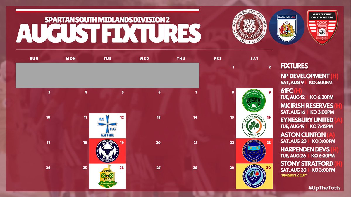 Totternhoe Football Club (@tottsfc) on Twitter photo Our league fixtures for the month of August are now confirmed, as we play 7 games in the first month of the season.
We kick things off on 9th August with the traditional home fixture. 
#UpTheTotts   |   π΄βͺοΈ Our league fixtures for the month of August are now confirmed, as we play 7 games in the first month of the season.
We kick things off on 9th August with the traditional home fixture. 
#UpTheTotts   |   π΄βͺοΈ