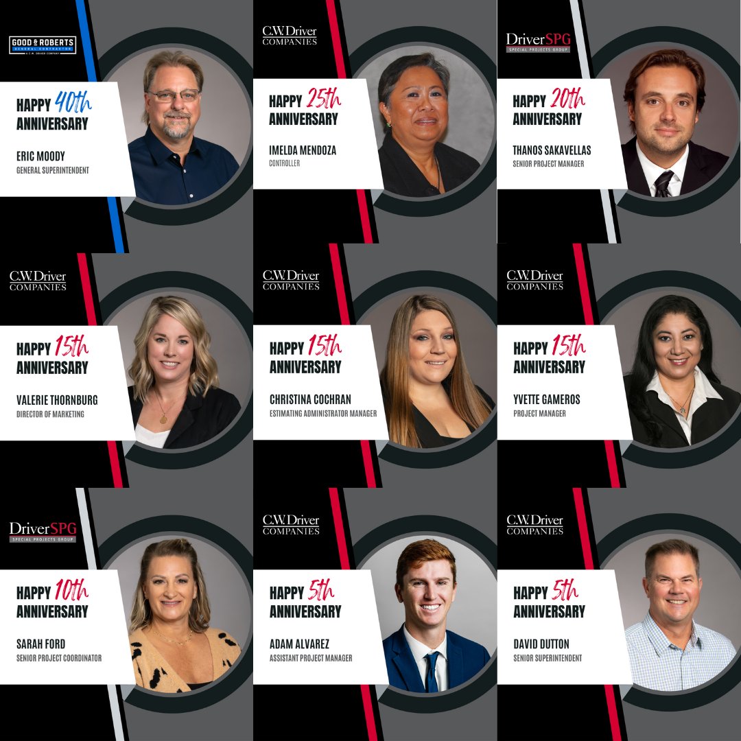 CWDriverCos's tweet image. Congratulations to the employees celebrating milestone anniversaries with C.W. Driver Cos. this month. #CWDriverCos #Construction