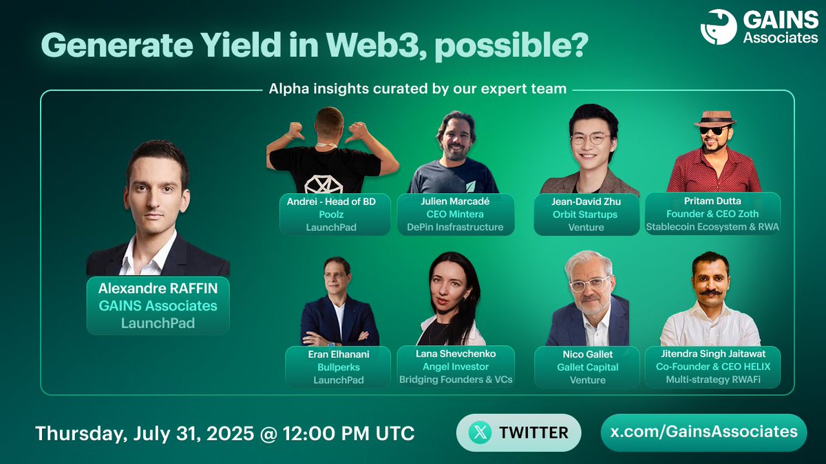 🚨 Twitter Space: Monetizing Web3 – Real Models, Sustainable Revenue

🗓 Thursday, July 31 – 12 PM UTC (2 PM Paris Time)

🎙 Hosted by <a href="/GainsAssociates/">GAINS Associates</a> --&gt; How real projects generate sustainable yield in DeFi, RWAs &amp; beyond

👇 Speakers:

1️⃣ Host: <a href="/AlexandreRaffin/">Alexandre Raffin</a> – GAINS