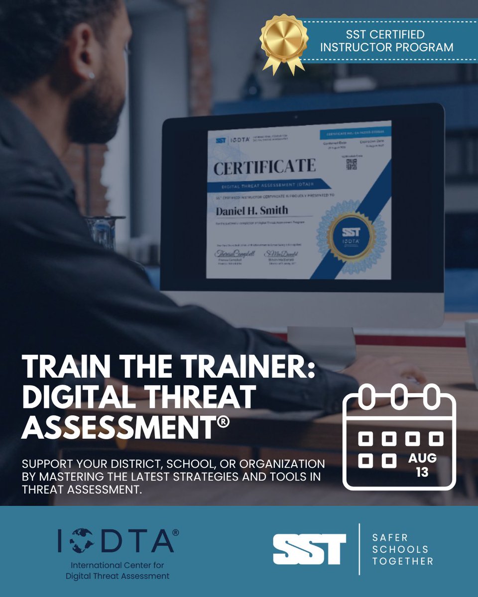 Master the latest strategies and tools in threat assessment as an SST Certified Instructor! 🔧

Sign up NOW for the upcoming Train the Trainer: Digital Threat Assessment® training: hubs.ly/Q03zvvrq0