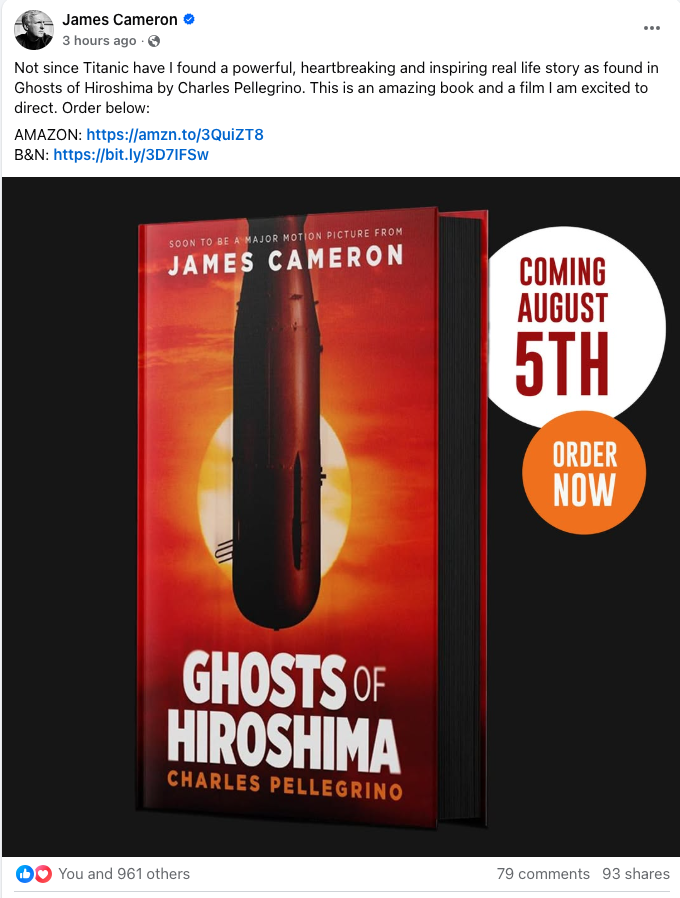 Blackstone Publishing (@blackstoneaudio) on Twitter photo With 6 DAYS until pub, take a page from award-winning filmmaker @jimcameron, who shares raving praise for <a href="/CharlesPellegri/">Charles Pellegrino</a>'s #GHOSTSOFHIROSHIMA, the source of Cameron's future film adaptation!
AMZ amzn.to/3QuiZT8
B&N bit.ly/3D7IFSw
APPLE apple.co/41h8FTc With 6 DAYS until pub, take a page from award-winning filmmaker @jimcameron, who shares raving praise for <a href="/CharlesPellegri/">Charles Pellegrino</a>'s #GHOSTSOFHIROSHIMA, the source of Cameron's future film adaptation!
AMZ amzn.to/3QuiZT8
B&N bit.ly/3D7IFSw
APPLE apple.co/41h8FTc