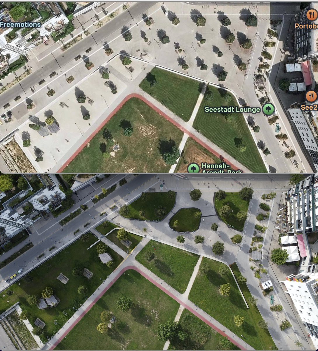 Der Hannah-Arendt-Park in der Seestadt vor und nach der Umgestaltung. Ich finde: sehr gelungen 👍
