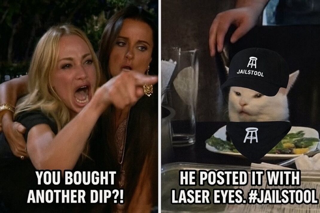"YOU BOUGHT ANOTHER DIP?!"
Yes. Yes I did.
He posted it with laser eyes. 😼🔴📉
#Jailstool rules demand it.

Dip buyer. Laser flyer. Bag heavier.

#Jailstool #LaserEyes #BuyTheDip #CryptoCat #StillHolding #MemecoinMadness #DiamondHands #StoolieStrong #PortnoyPower #WIF #DOGE