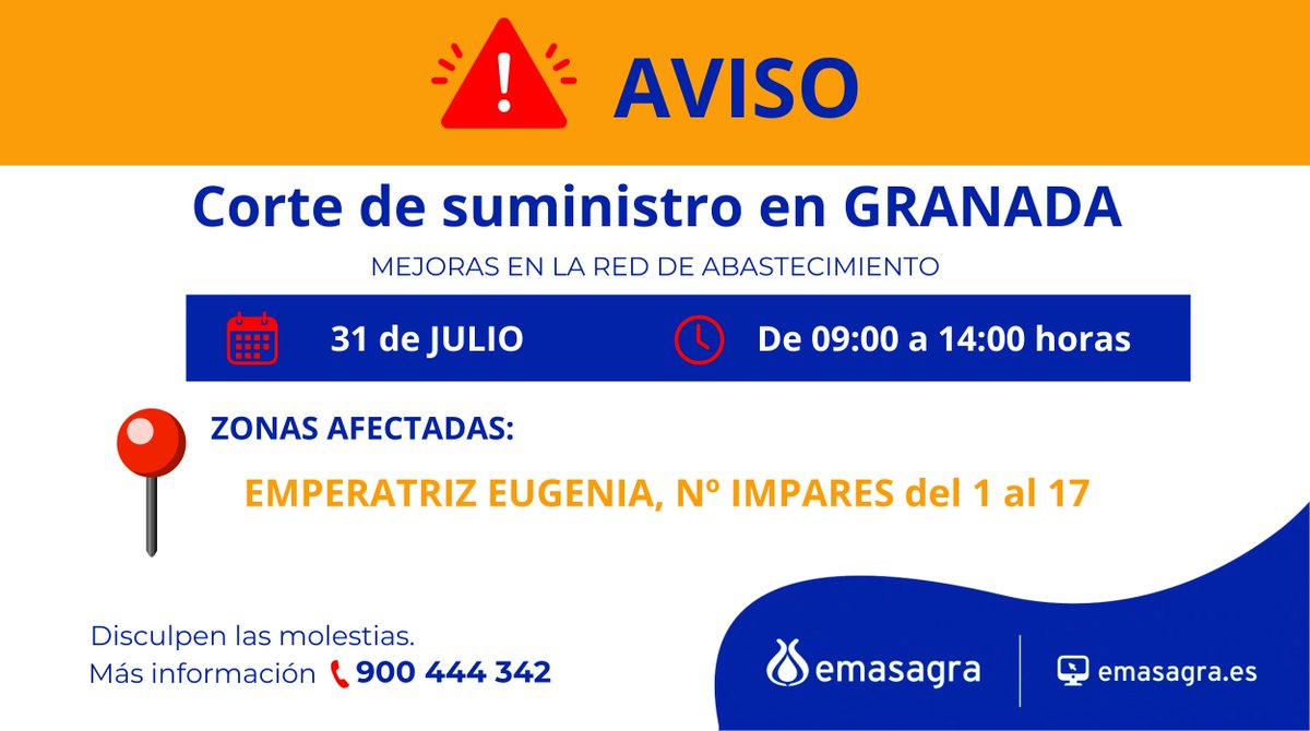 ⚠️Corte de suministro programado en #GRANADA  ¡Prepárate para el corte de #Agua ! ℹMás información ☎️900 444 342 💻Seguimiento http:// emasagra.es/avisos Disculpen las molestias Cc/ 🙏<a href="/Aytogr/">Ayuntamiento de Granada</a> <a href="/EmergenciasGRX/">Emergencias Granada</a> <a href="/PoliciaGr/">Policía Local de Granada</a>  <a href="/Asvogra/">AsVoGra Protección Civil</a>
