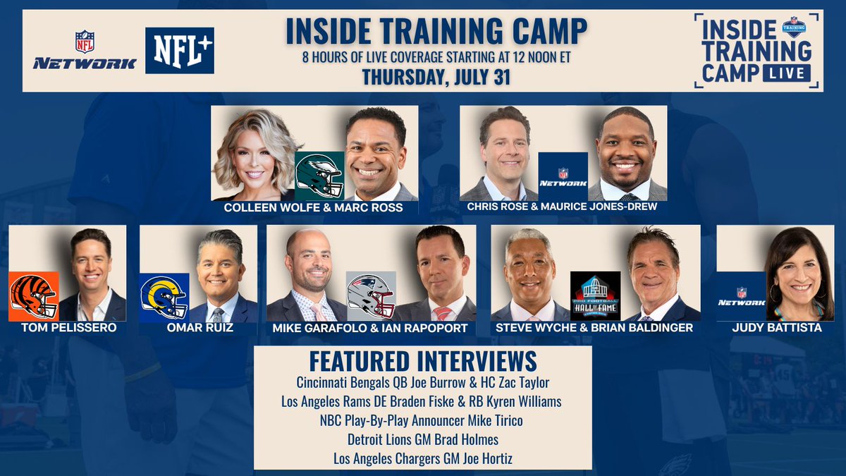 NFL Media (@nflmedia) on Twitter photo 🚨TODAY🚨
Inside Training Camp coverage on <a href="/nflnetwork/">NFL Network</a> & <a href="/NFLPlus/">NFL+</a> continues TODAY starting at 12 Noon ET
<a href="/ColleenWolfe/">Colleen Wolfe</a> & <a href="/MarcRoss/">Marc Ross</a> -- PHI
<a href="/ChrisRose/">Chris Rose</a> & <a href="/MJD/">Maurice Jones-Drew</a> -- <a href="/nflnetwork/">NFL Network</a>
<a href="/TomPelissero/">Tom Pelissero</a> -- CIN
<a href="/OmarDRuiz/">Omar Ruiz</a> -- LAR
<a href="/MikeGarafolo/">Mike Garafolo</a> & <a href="/RapSheet/">Ian Rapoport</a> -- NE
<a href="/wyche89/">Steve Wyche</a> & <a href="/BaldyNFL/">Brian Baldinger</a> -- 🚨TODAY🚨
Inside Training Camp coverage on <a href="/nflnetwork/">NFL Network</a> & <a href="/NFLPlus/">NFL+</a> continues TODAY starting at 12 Noon ET
<a href="/ColleenWolfe/">Colleen Wolfe</a> & <a href="/MarcRoss/">Marc Ross</a> -- PHI
<a href="/ChrisRose/">Chris Rose</a> & <a href="/MJD/">Maurice Jones-Drew</a> -- <a href="/nflnetwork/">NFL Network</a>
<a href="/TomPelissero/">Tom Pelissero</a> -- CIN
<a href="/OmarDRuiz/">Omar Ruiz</a> -- LAR
<a href="/MikeGarafolo/">Mike Garafolo</a> & <a href="/RapSheet/">Ian Rapoport</a> -- NE
<a href="/wyche89/">Steve Wyche</a> & <a href="/BaldyNFL/">Brian Baldinger</a> --