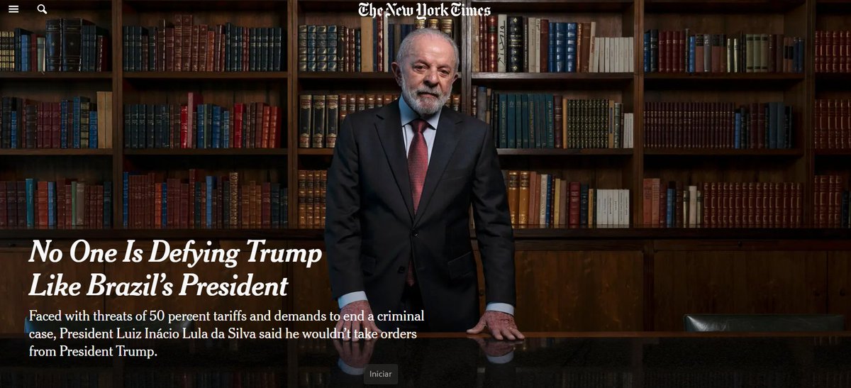 ProfLeoOficial's tweet image. Os bolsonaristas não entendem o conceito de capital simbólico de Pierre Bourdieu.
Está aí a manchete do NYT sobre Lula.
Ninguém desafia Trump como Lula porque ninguém tem o capital simbólico que ele tem.