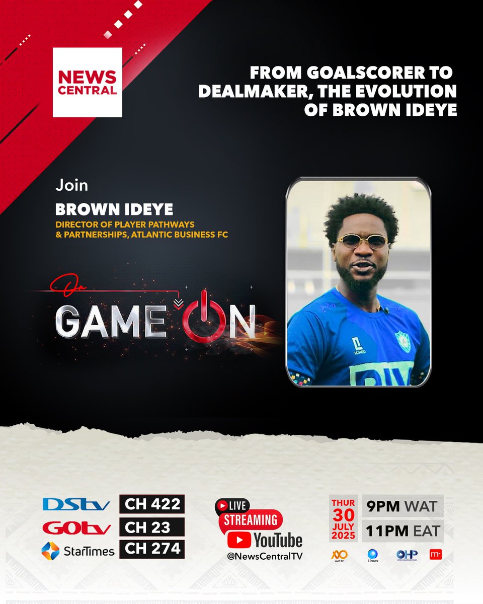 Join us on Game On as <a href="/brownaideideye/">Brown Aide Ideye (MON)</a> shares his journey from the football pitch to the boardroom and his transition into leadership behind the scenes.

Showing at 9 PM WAT on DSTV 422, Startimes 274, GOtv 23, YouTube: youtube.com/c/NewsCentralT…