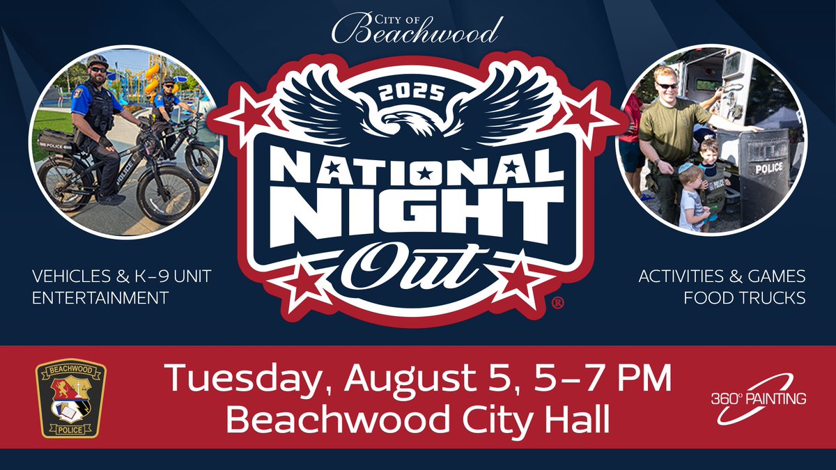Join us for National Night Out, a family-friendly event promoting police-community partnerships. 

Tuesday, August 5, 5-7 pm Beachwood City Hall

Connect with your community, meet our officers, and have a great time with your family and neighbors!