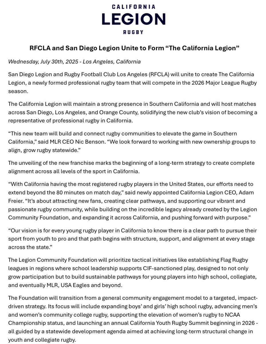 Alexandre Priam (@alexandrepriam) on Twitter photo Big big news from the <a href="/usmlr/">Major League Rugby</a> : San Diego Legion and RFC Los Angeles are merging to become « California Legion »
🇫🇷Grosse info venant de la MLR : San Diego Legion et RFC Los Angeles fusionnent pour ne former qu’un seul club : « California Legion » Big big news from the <a href="/usmlr/">Major League Rugby</a> : San Diego Legion and RFC Los Angeles are merging to become « California Legion »
🇫🇷Grosse info venant de la MLR : San Diego Legion et RFC Los Angeles fusionnent pour ne former qu’un seul club : « California Legion »