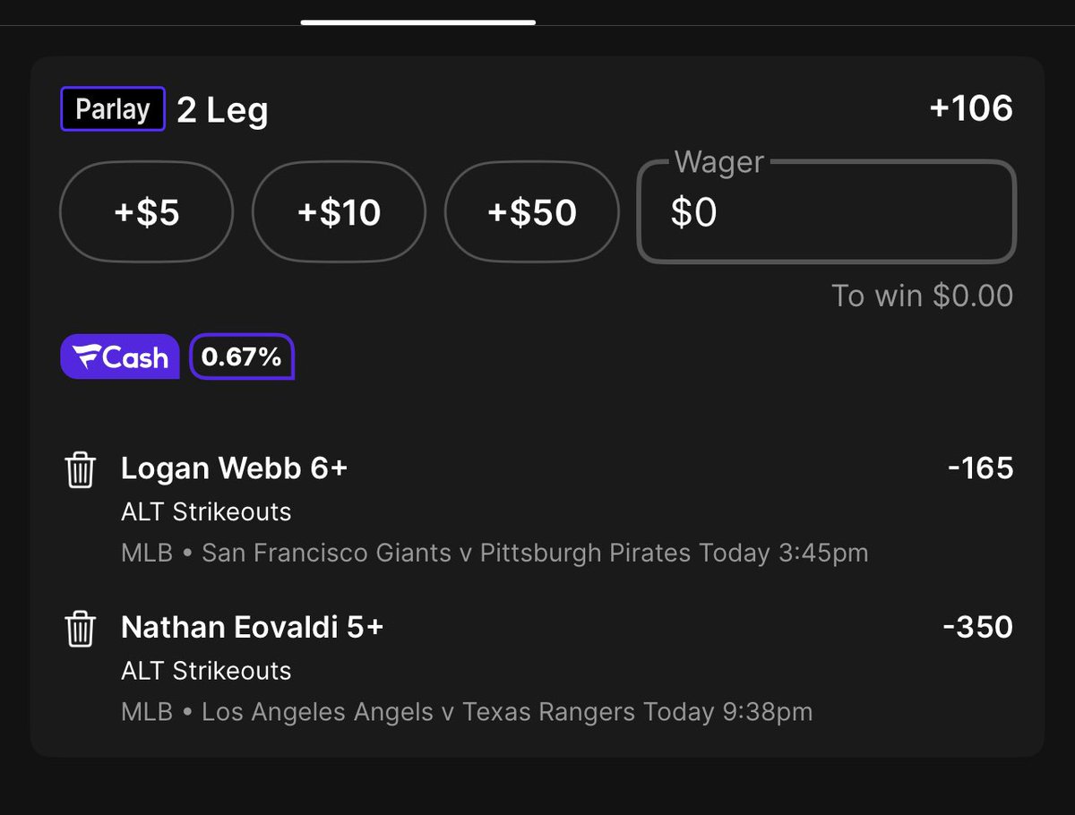 Logan Webb 6+ Ks
Nathan Eovaldi 5+ Ks

Risking 1u at +106. Fanatics. 

#mlb #playerprops 

Playable on Caesar’s and B365 as well up to -115. 

Counting on a bounceback from Webb in a great spot. The Pirates have six hitters with an above avg K% vs righties in road games this
