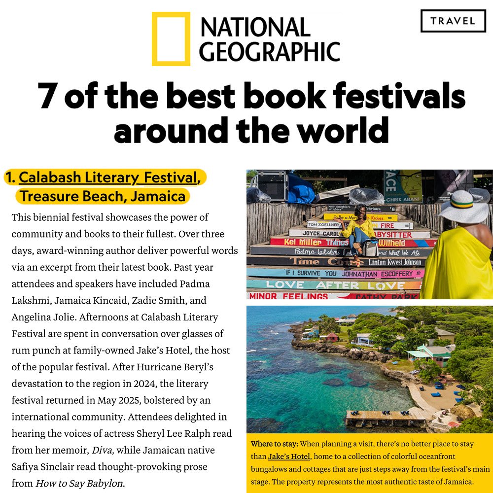 Jakes Hotel (@jakeshotel) on Twitter photo Number 1 of National Geographic Travel’s 7 Best Book Festivals Around the World - our very own <a href="/calabashfest/">Calabash Festival</a>.
Thank you <a href="/NatGeoTravel/">Nat Geo Travel</a> !
Visit jakeshotel.com and calabashfestival.org Number 1 of National Geographic Travel’s 7 Best Book Festivals Around the World - our very own <a href="/calabashfest/">Calabash Festival</a>.
Thank you <a href="/NatGeoTravel/">Nat Geo Travel</a> !
Visit jakeshotel.com and calabashfestival.org