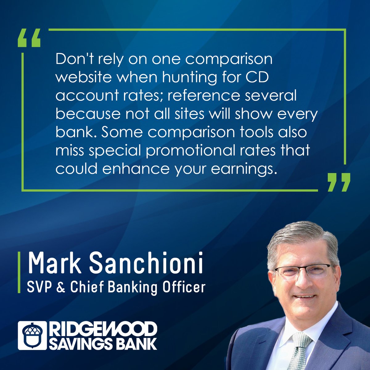 We’re proud to share that our Senior Vice President and Chief Banking Officer, Mark Sanchioni, was once again featured in CBS News MoneyWatch. 

Click here to read the full article, “5 Ways to Maximize Your CD Returns This August, According to Experts.” : cbsn.ws/40IPToA.